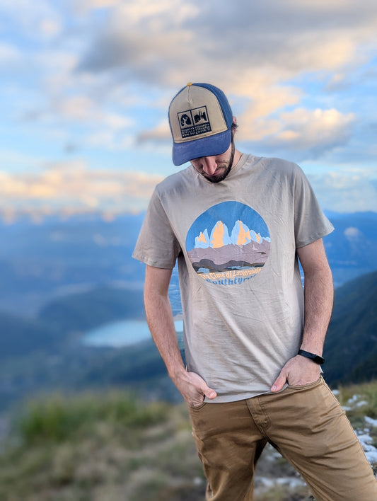Woman wearing the Silly Craic Tre Cime di Lavaredo t-shirt in the Dolomites