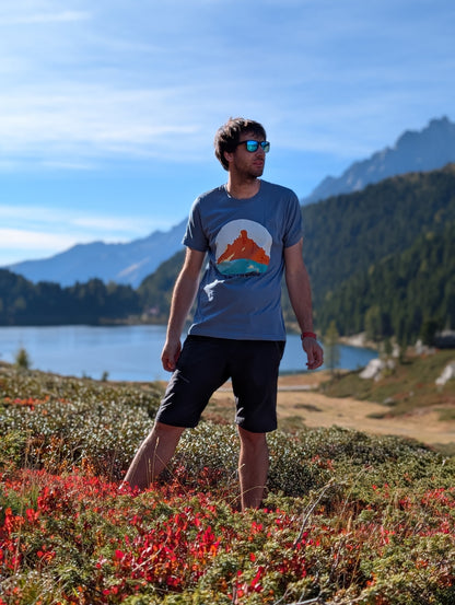 Passo Giau men's t-shirt with front print, worn on an autumn hike by an alpine lake