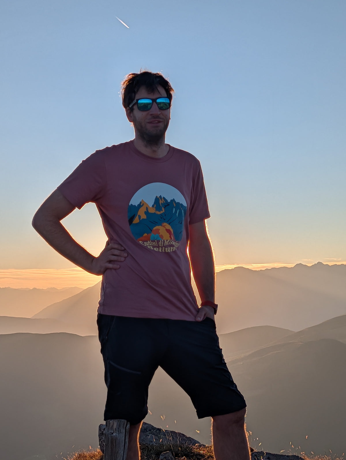 Cadini di Misurina men's t-shirt with front print at sunset above the Dolomites