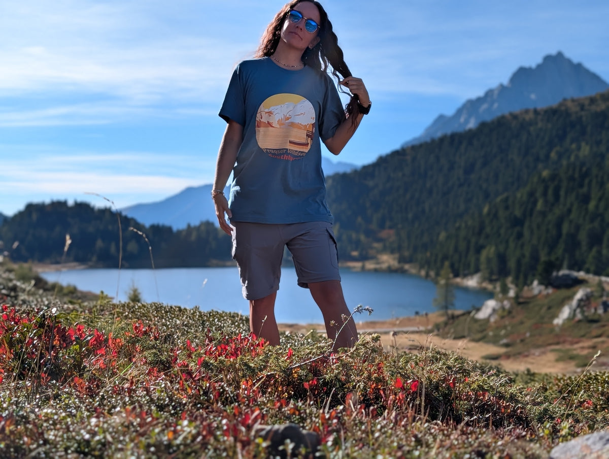 Half Dome t-shirt with front print, worn oversized by her on an autumn hike by an alpine lake