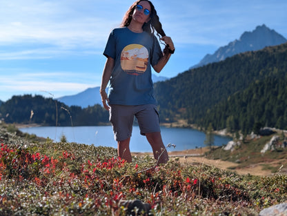 Half Dome t-shirt with front print, worn oversized by her on an autumn hike by an alpine lake