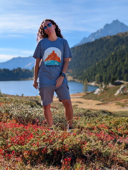 Passo Giau t-shirt with front print, worn oversized by her on an autumn hike by an alpine lake