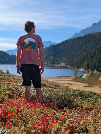 Cadini di Misurina men's t-shirt with large back print, worn on an autumn hike by an alpine lake
