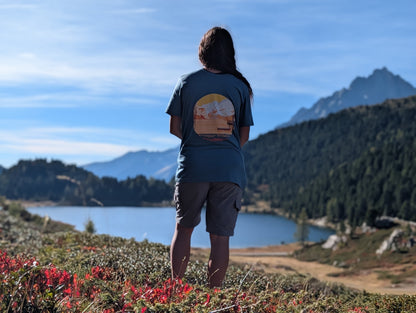 Half Dome t-shirt with large back print, worn oversized by her on an autumn hike by an alpine lake