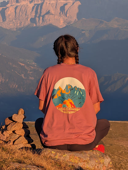 Cadini di Misurina back print – sitting by a cairn at sunset