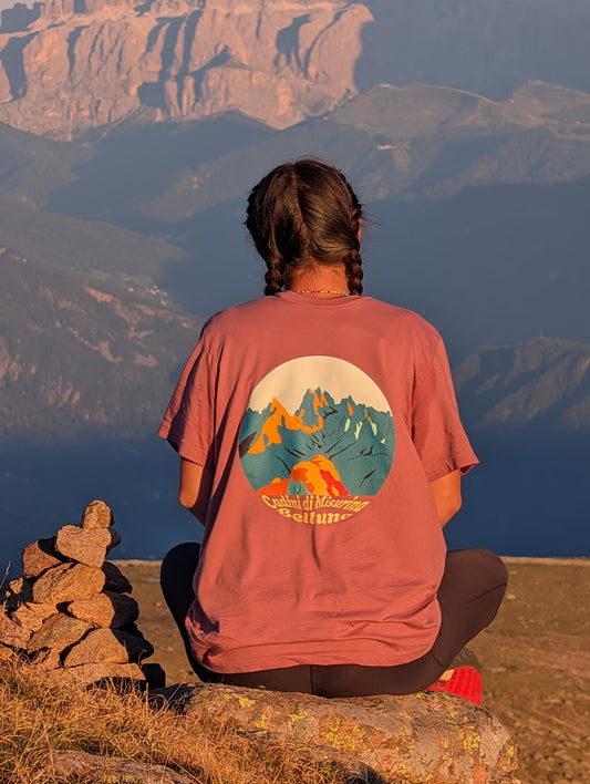 Cadini di Misurina back print – sitting by a cairn at sunset