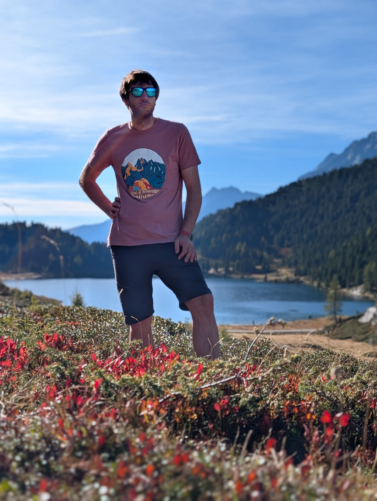 Cadini di Misurina men's t-shirt with front print, worn on an autumn hike by an alpine lake