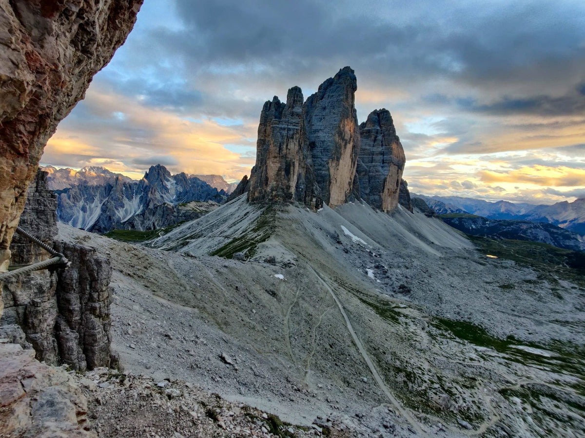 Tre Cime di Lavaredo panorama with alpenglow in the Dolomites, Italy