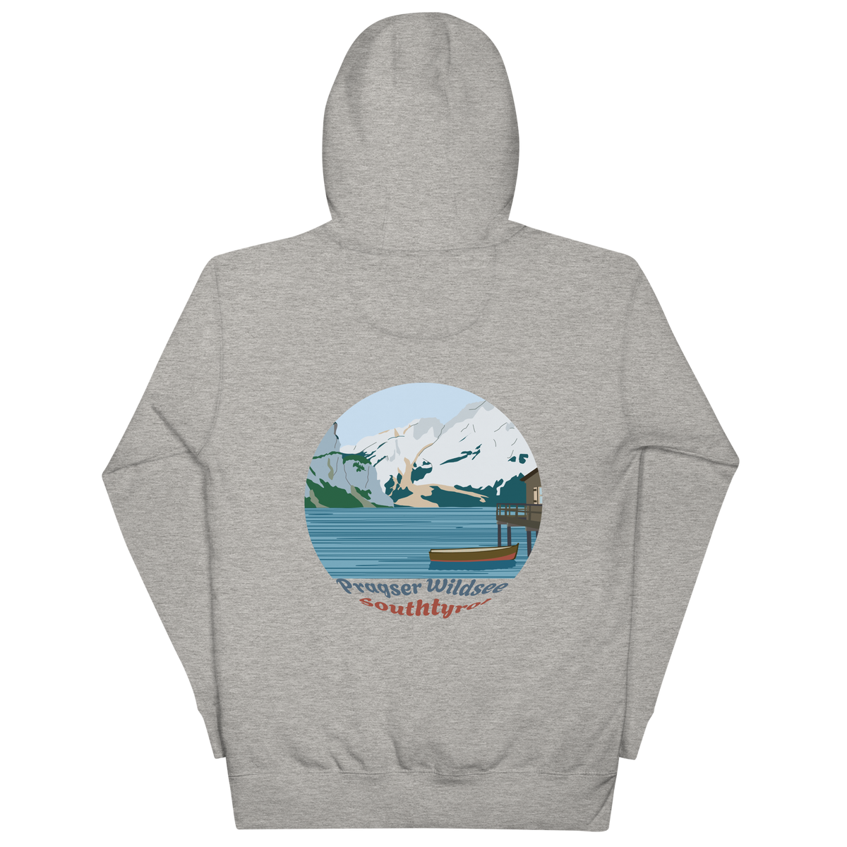 Lago di Braies unisex hoodie in Carbon Grey – large back print