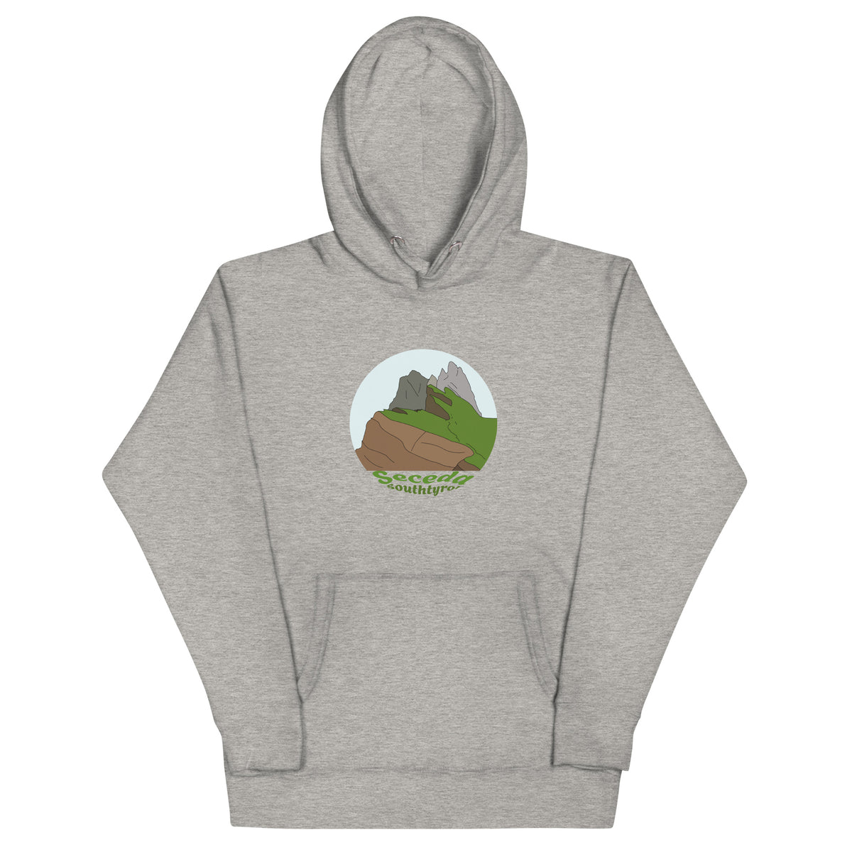 Seceda unisex hoodie in Carbon Grey – front print design