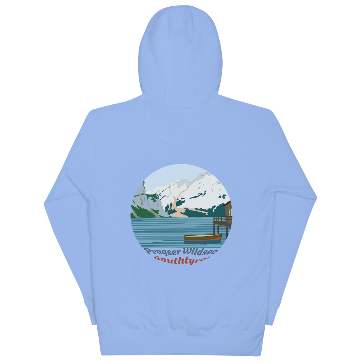 Lago di Braies unisex hoodie in Carolina Blue – large back print
