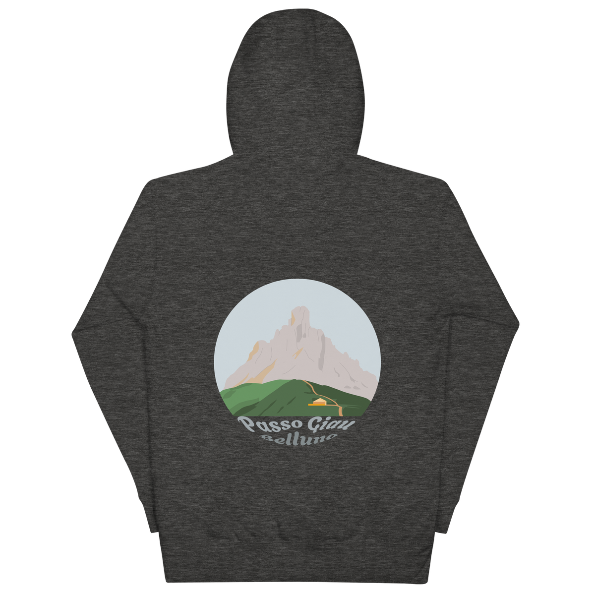 Passo Giau unisex hoodie in Charcoal Heather – large back print