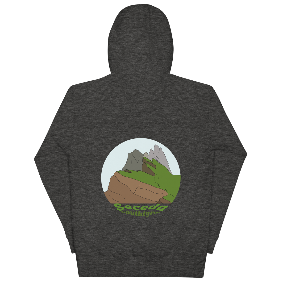 Seceda unisex hoodie in Charcoal Heather – large back print