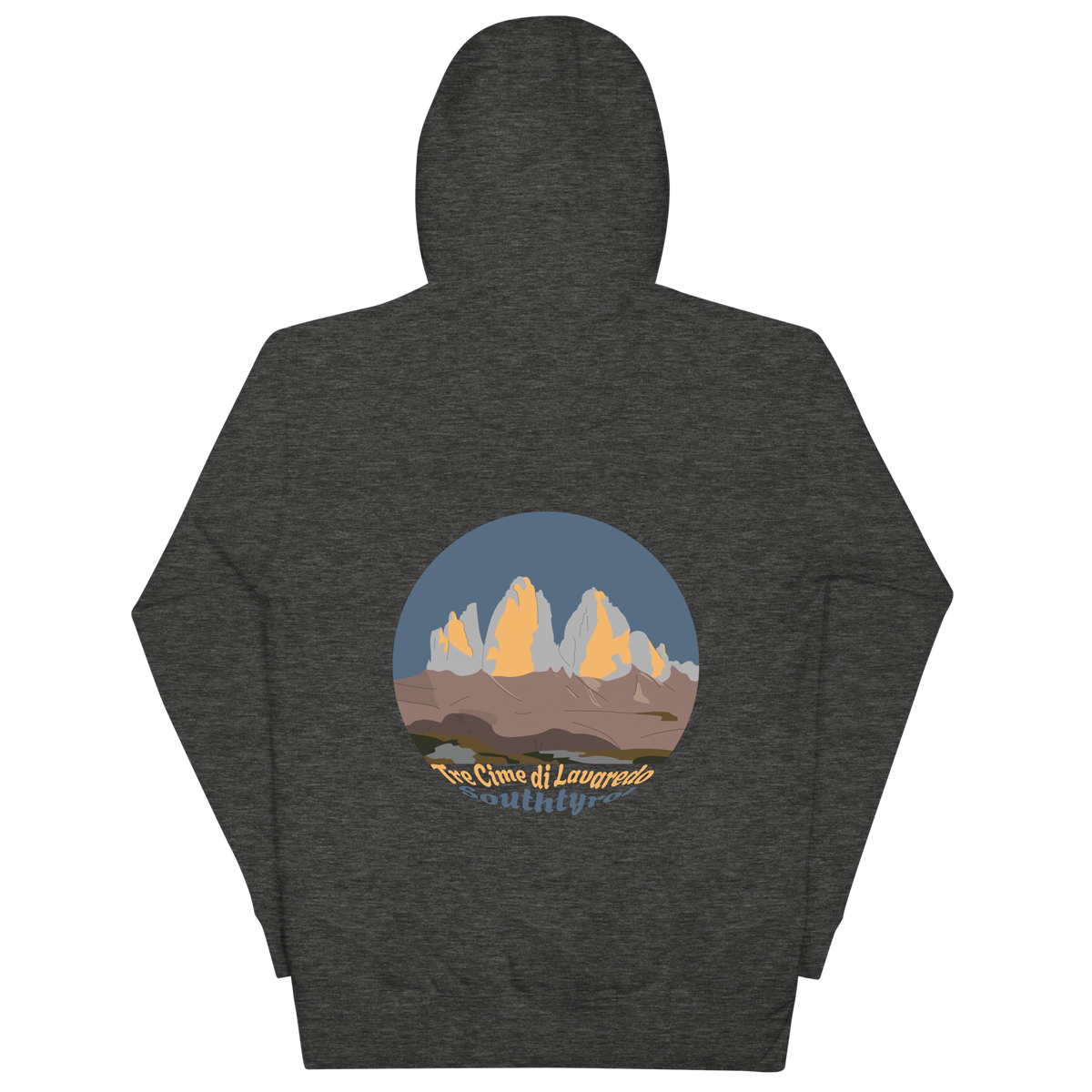 Tre Cime di Lavaredo unisex hoodie in Charcoal Heather – large back print