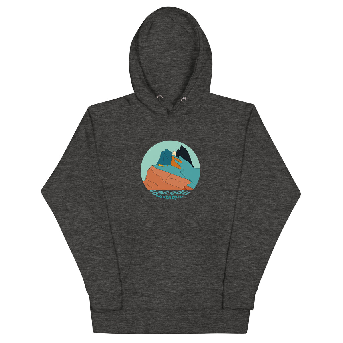 Seceda Retro unisex hoodie in Charcoal Heather – front print design