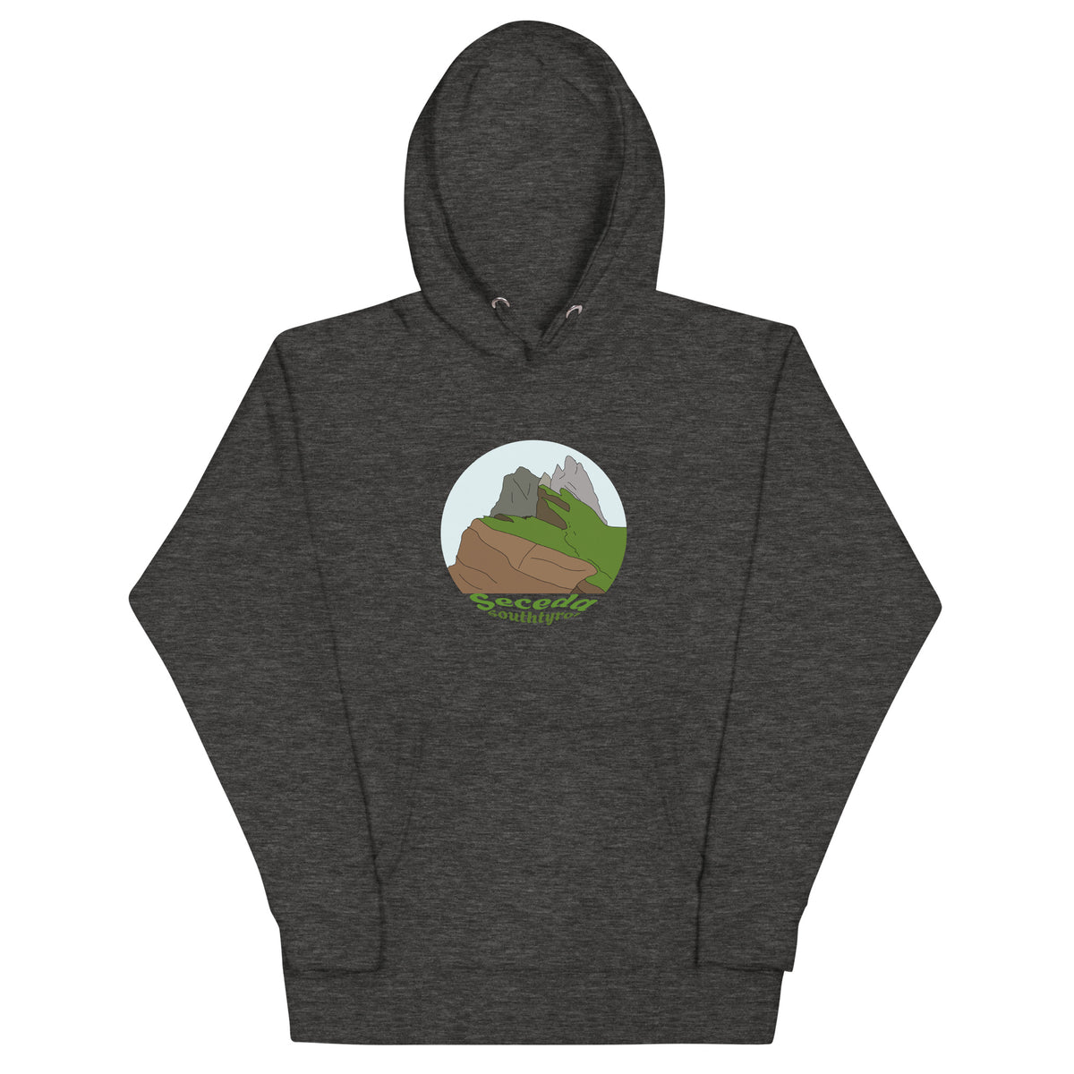 Seceda unisex hoodie in Charcoal Heather – front print design