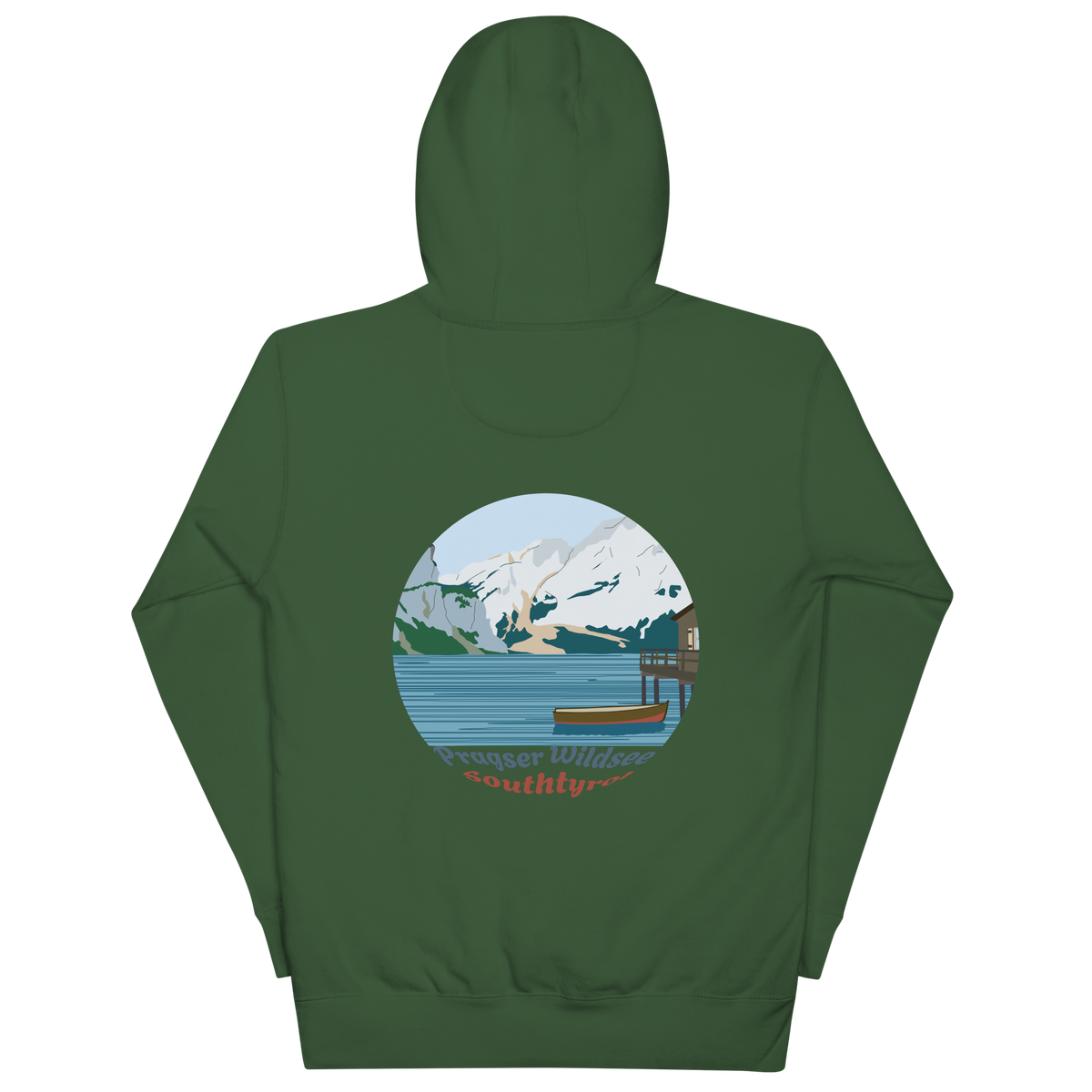 Lago di Braies unisex hoodie in Forest Green – large back print