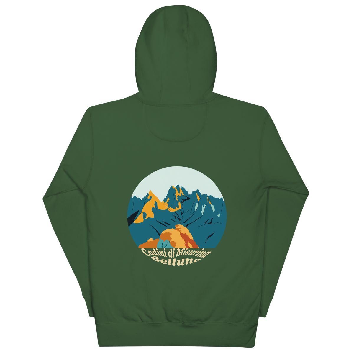 Cadini di Misurina unisex hoodie in Forest Green – large back print