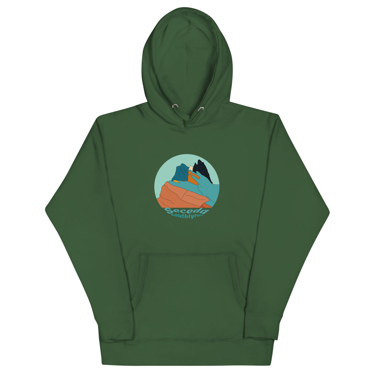 Seceda Retro unisex hoodie in Forest Green – front print design