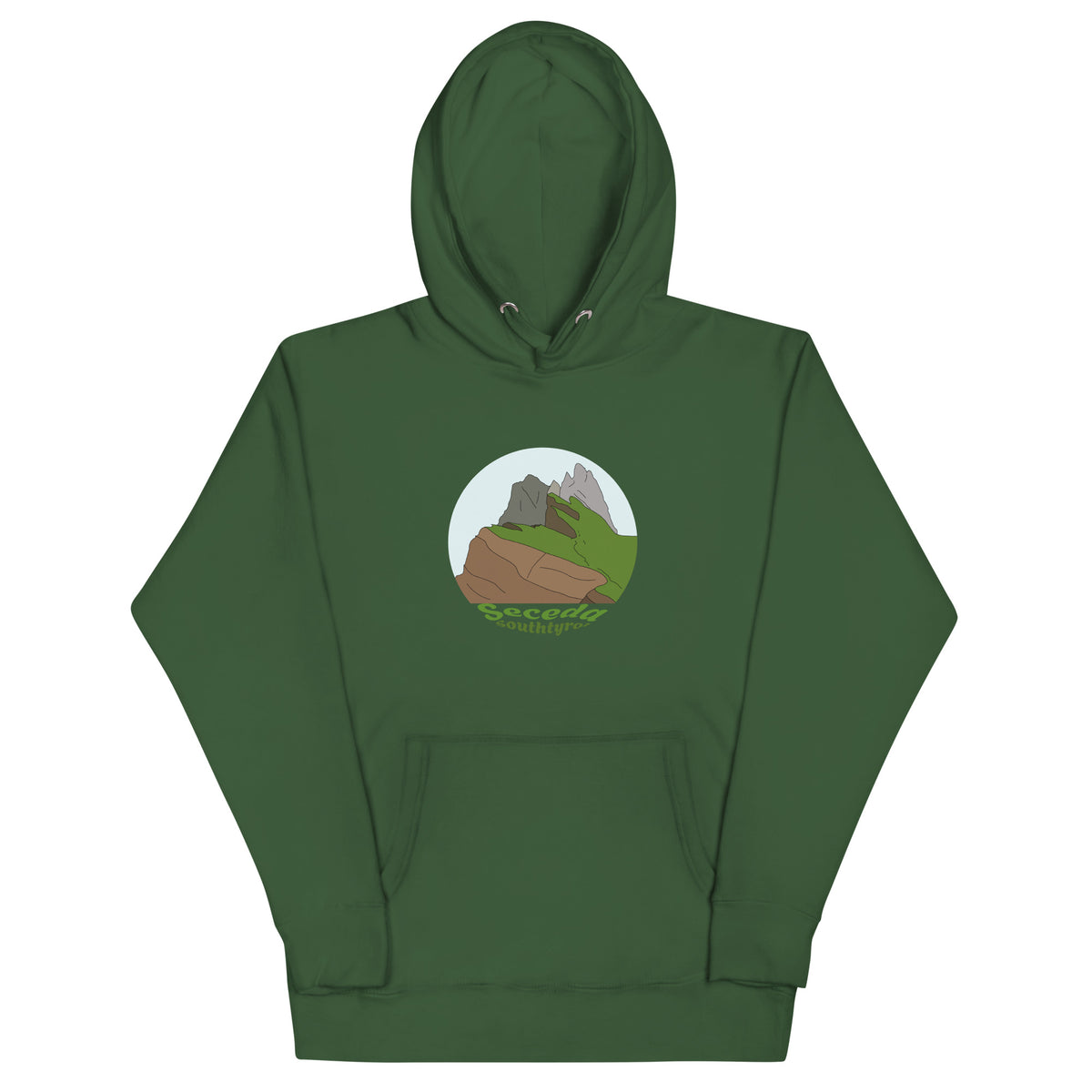Seceda unisex hoodie in Forest Green – front print design