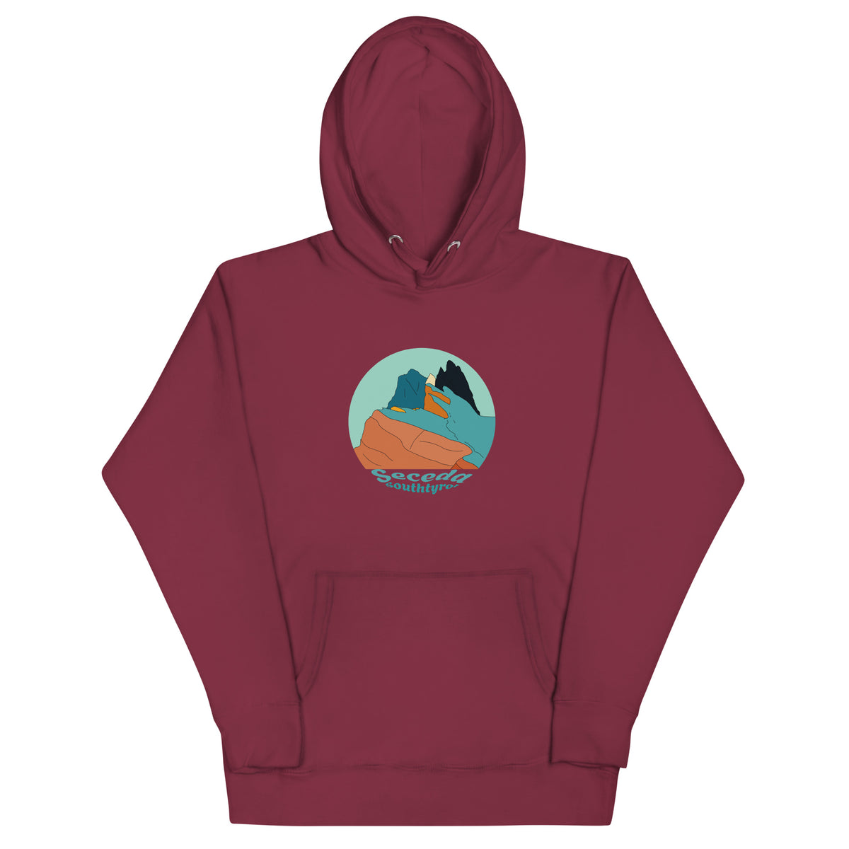 Seceda Retro unisex hoodie in Maroon – front print design
