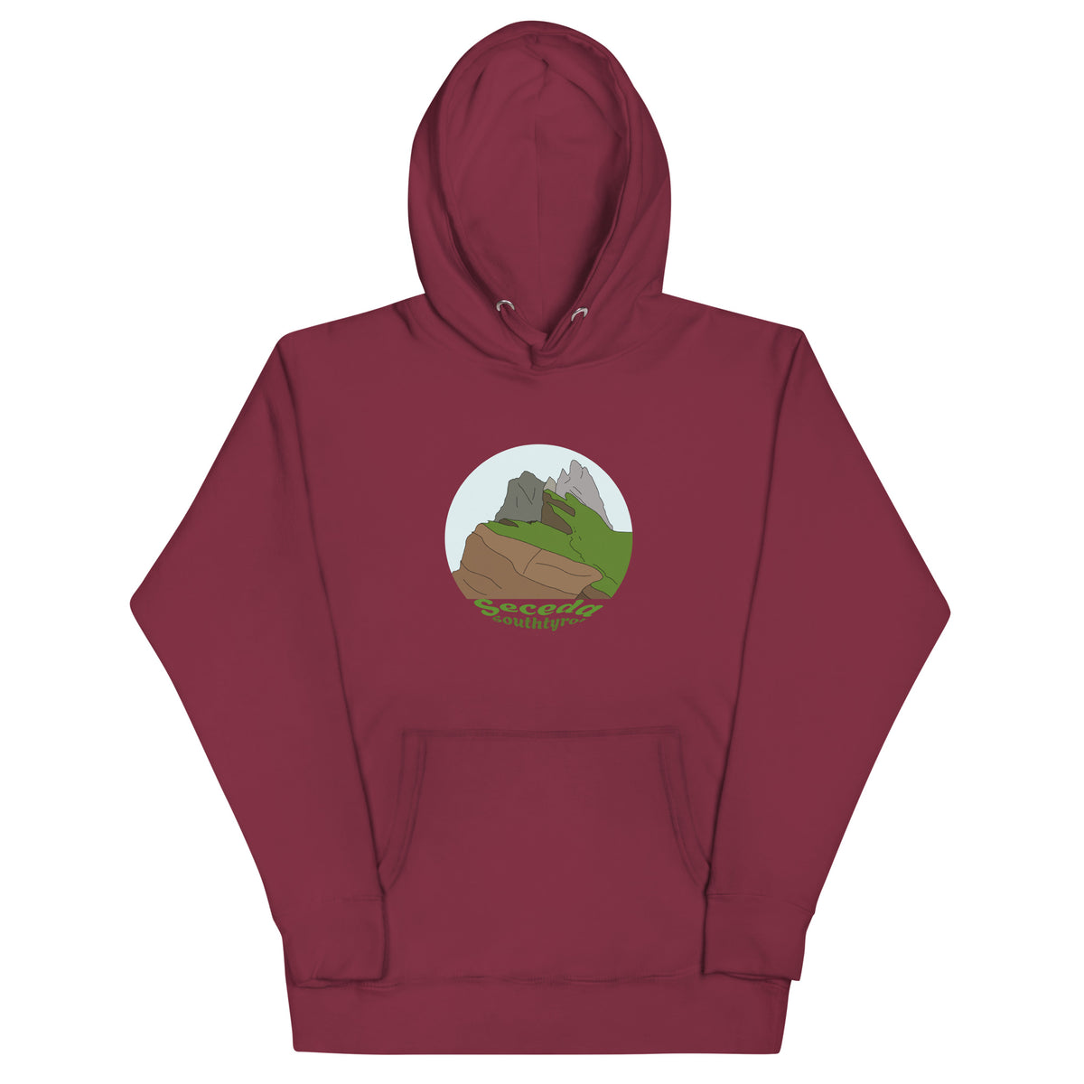 Seceda unisex hoodie in Maroon – front print design