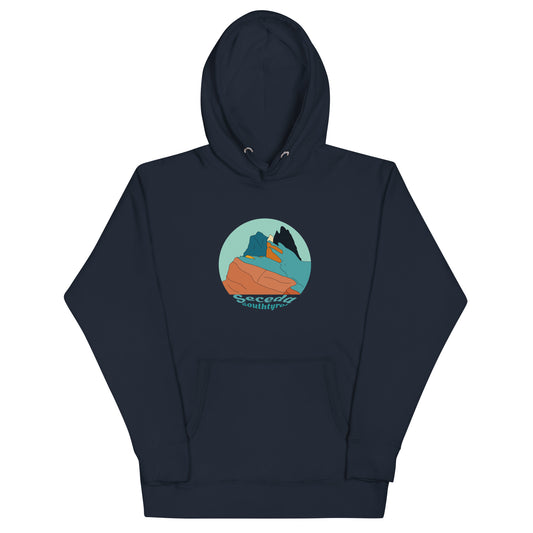 Seceda Retro unisex hoodie in Navy Blazer – front print design