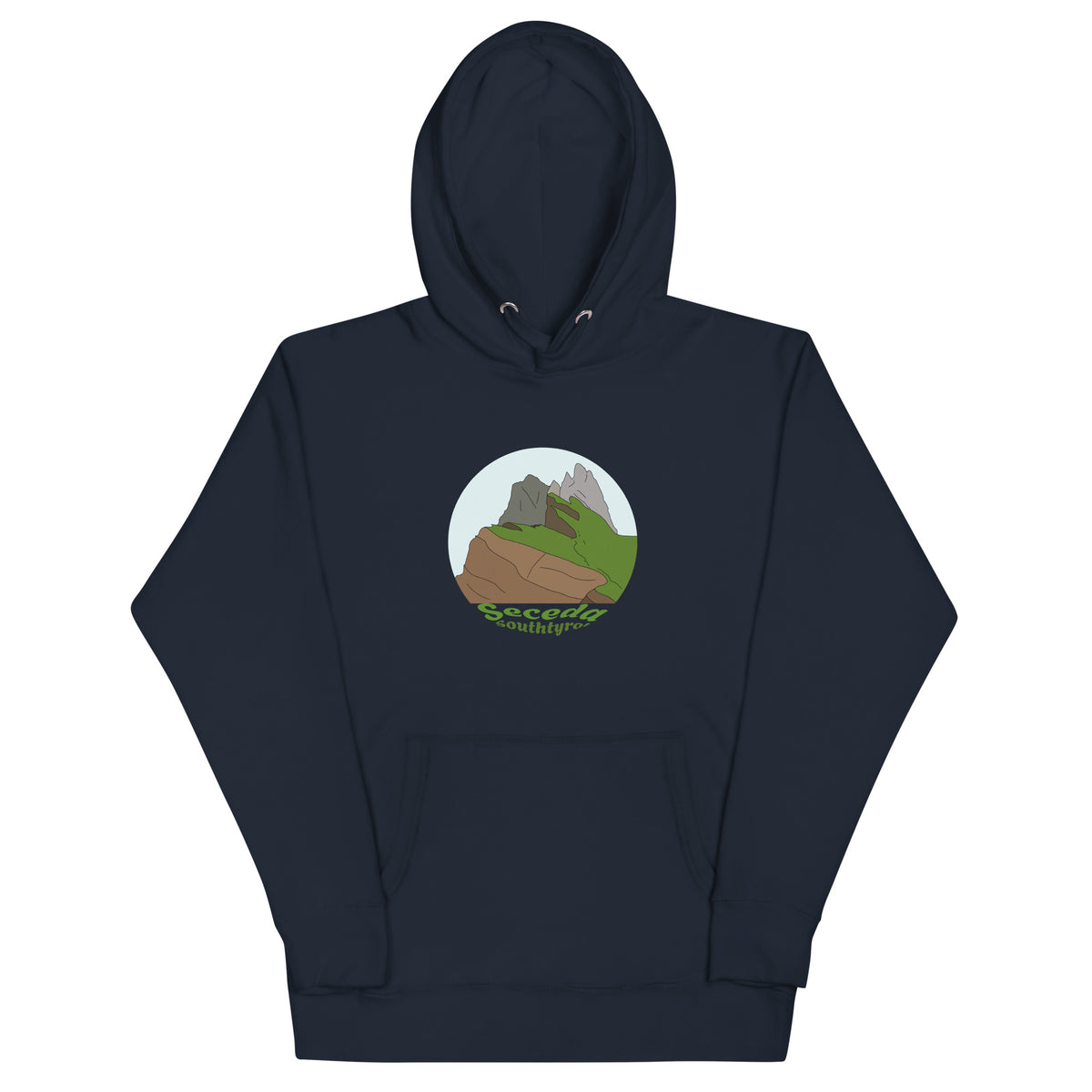 Seceda unisex hoodie in Navy Blazer – front print design