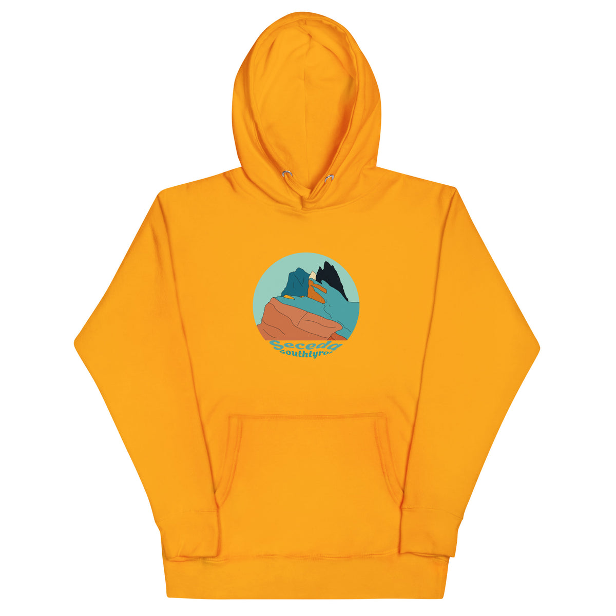 Seceda Retro unisex hoodie in Team Gold – front print design