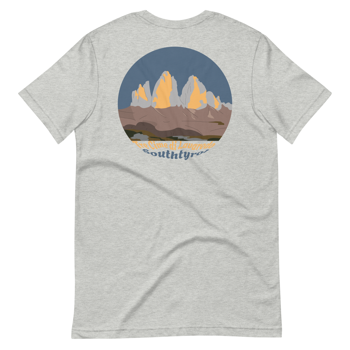 Tre Cime di Lavaredo men's t-shirt in Athletic Heather – back print design