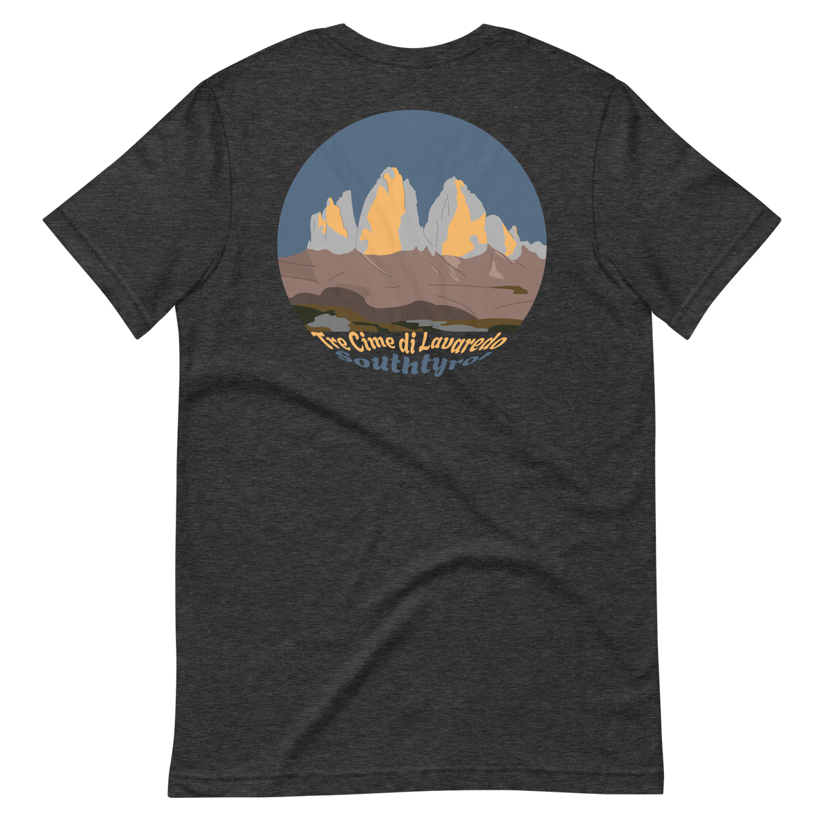Tre Cime di Lavaredo men's t-shirt in Dark Grey Heather – back print design