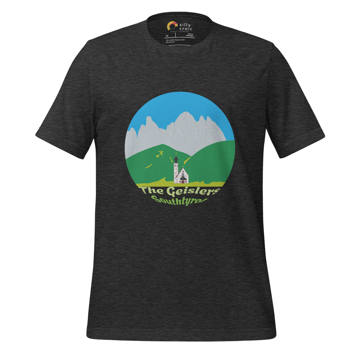 The Geislers men's t-shirt in Dark Grey Heather – front print design