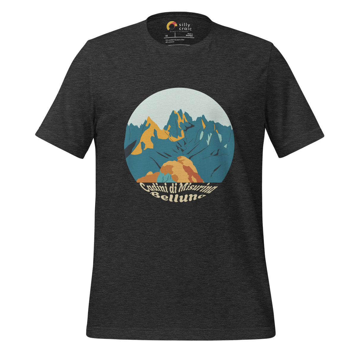 Cadini di Misurina men's t-shirt in Dark Grey Heather – front print design
