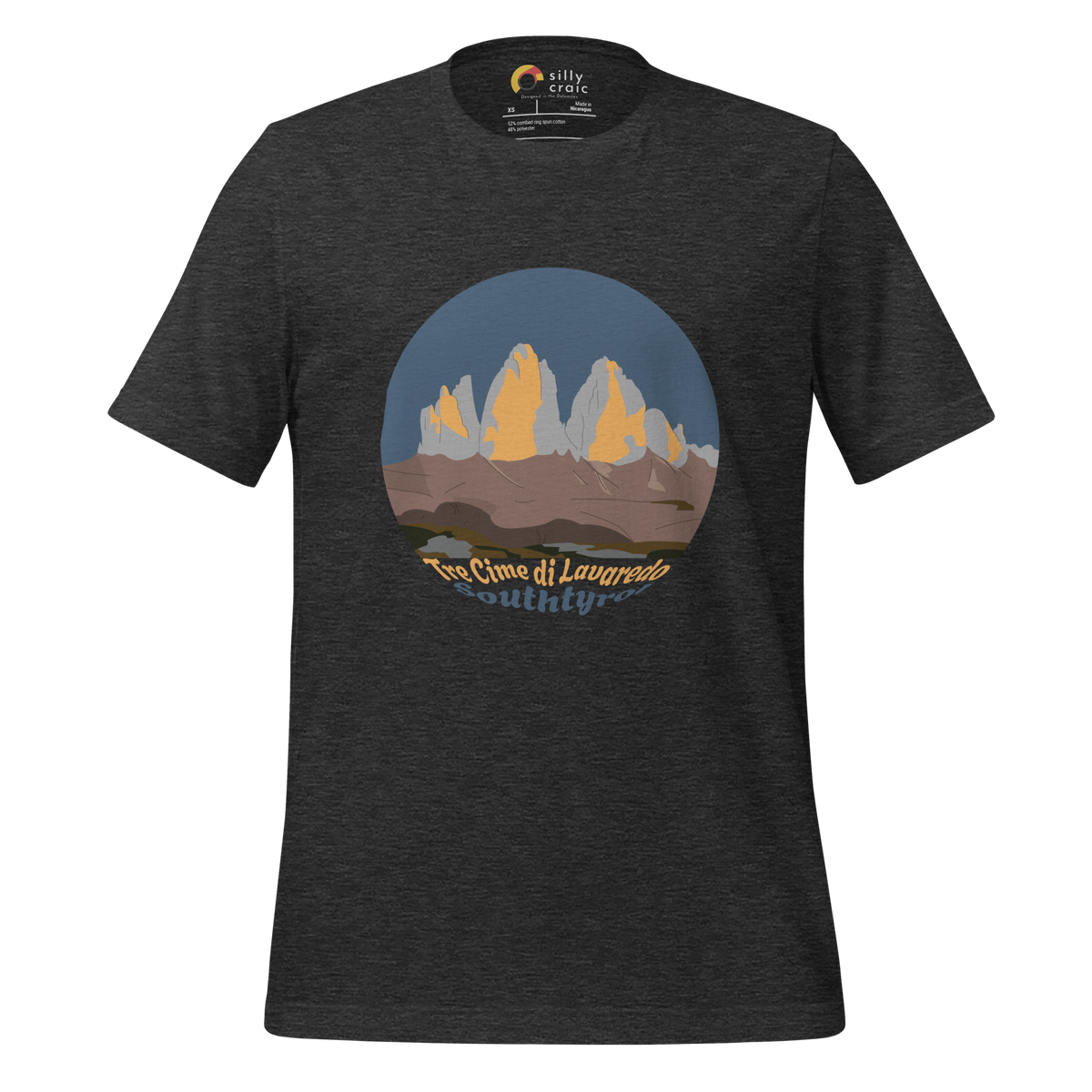 Tre Cime di Lavaredo men's t-shirt in Dark Grey Heather – front print design