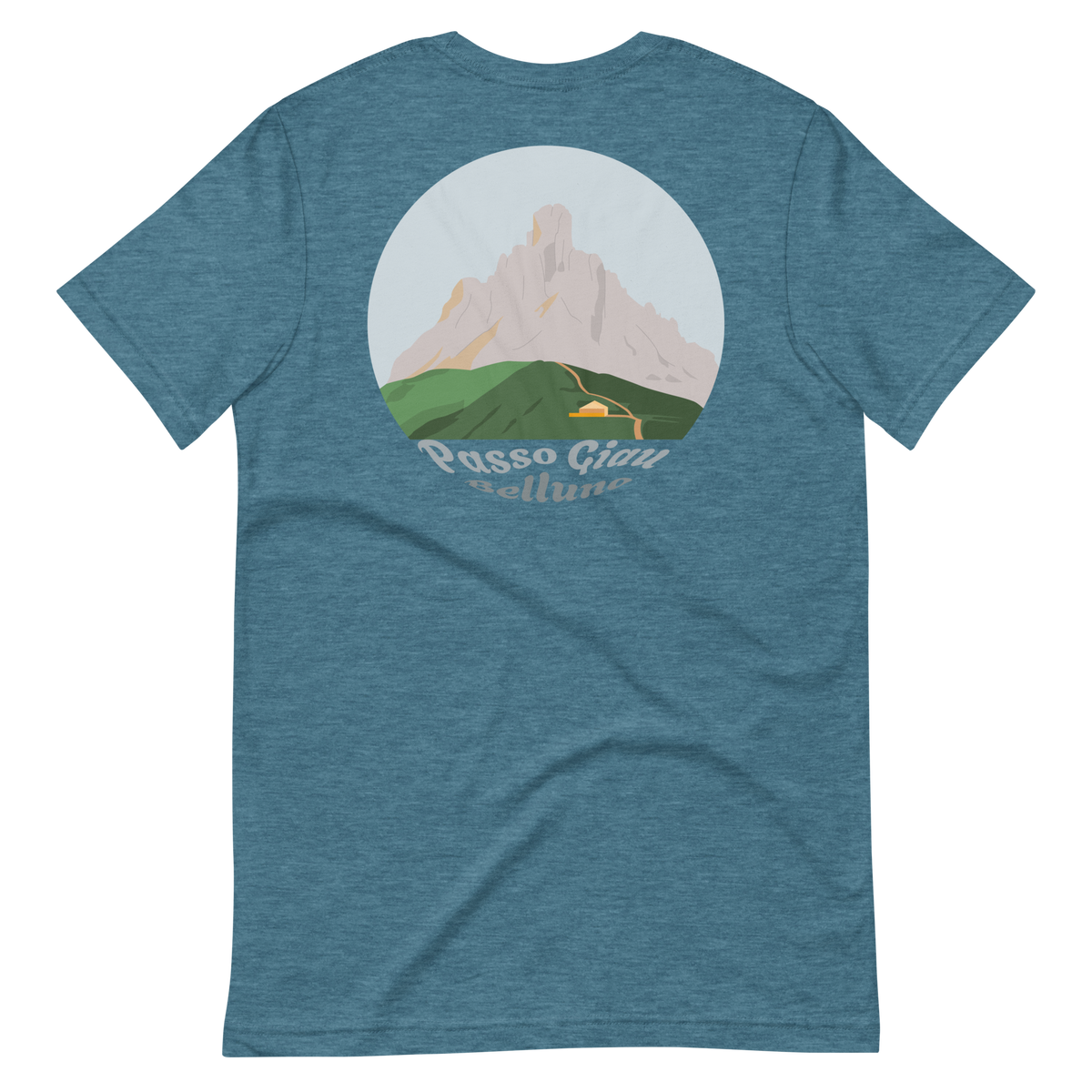 Passo Giau men's t-shirt in Heather Deep Teal – back print design