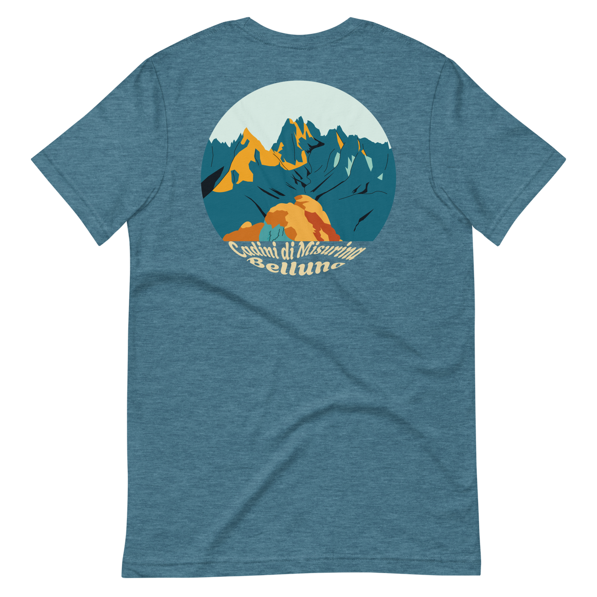 Cadini di Misurina men's t-shirt in Heather Deep Teal – back print design