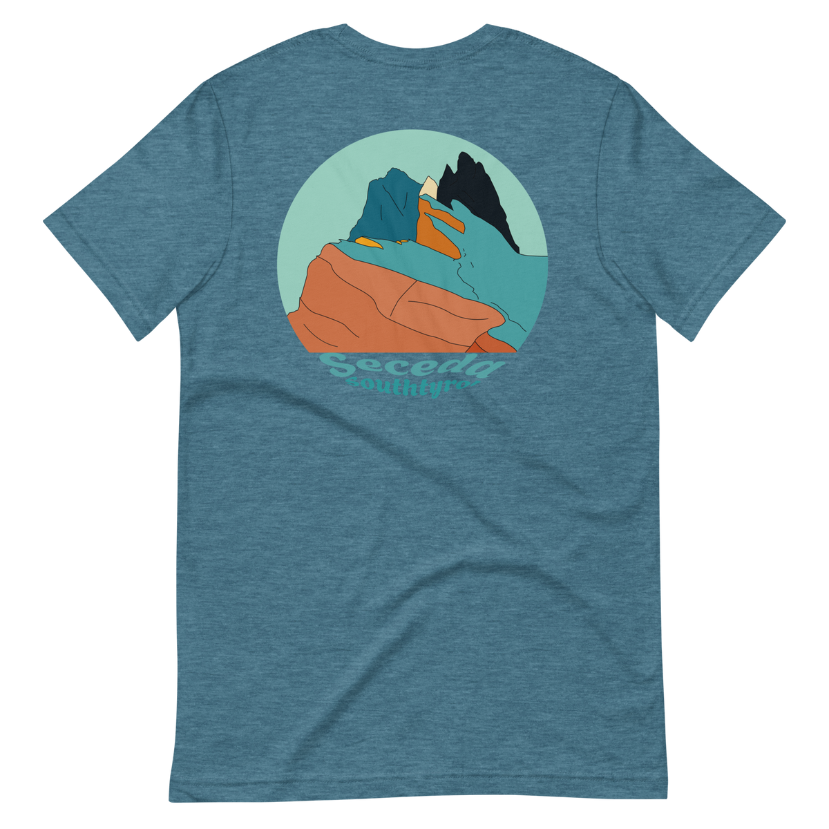 Seceda Retro men's t-shirt in Heather Deep Teal – back print design