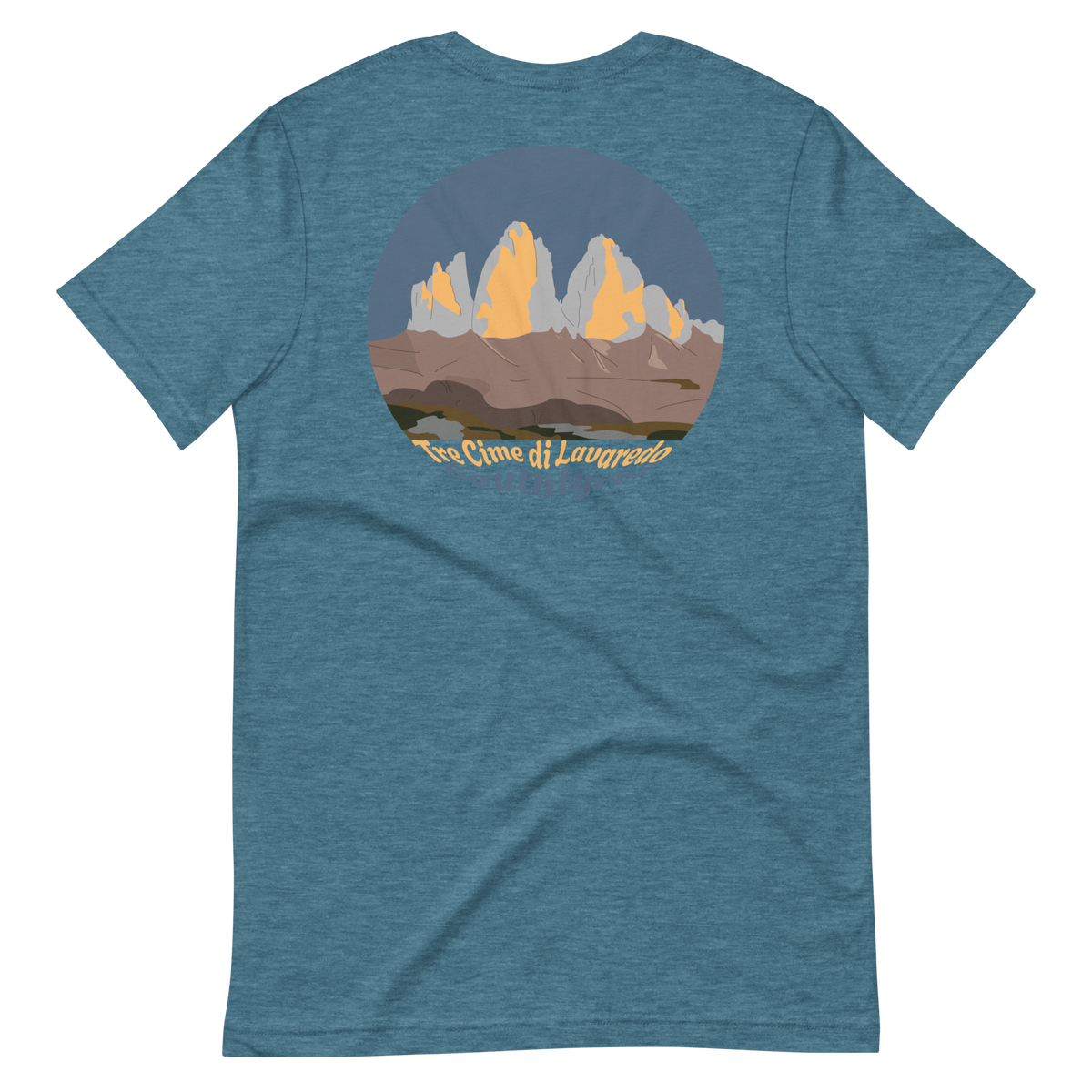 Tre Cime di Lavaredo men's t-shirt in Heather Deep Teal – back print design