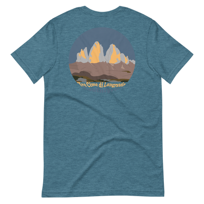 Tre Cime di Lavaredo men's t-shirt in Heather Deep Teal – back print design