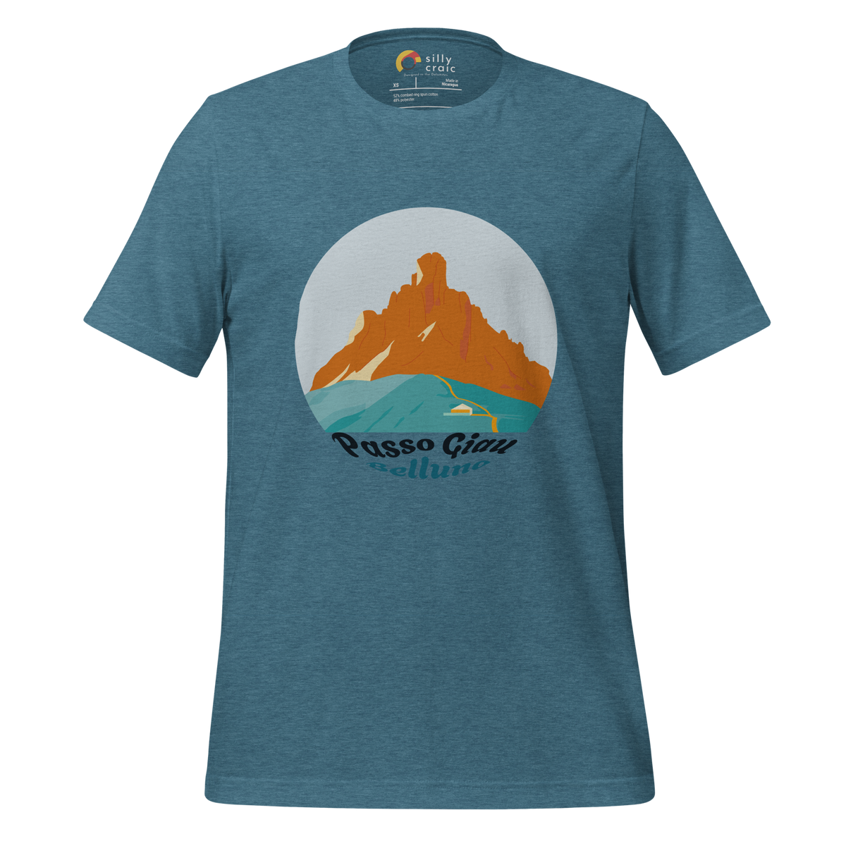 Passo Giau men's t-shirt in Heather Deep Teal – front print design