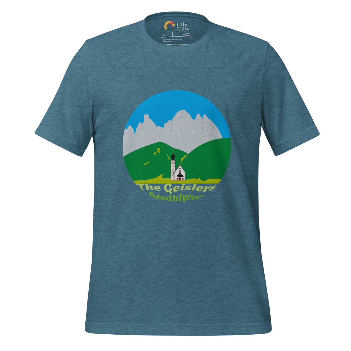 The Geislers men's t-shirt in Heather Deep Teal – front print design