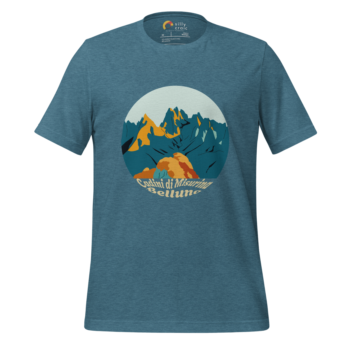 Cadini di Misurina men's t-shirt in Heather Deep Teal – front print design