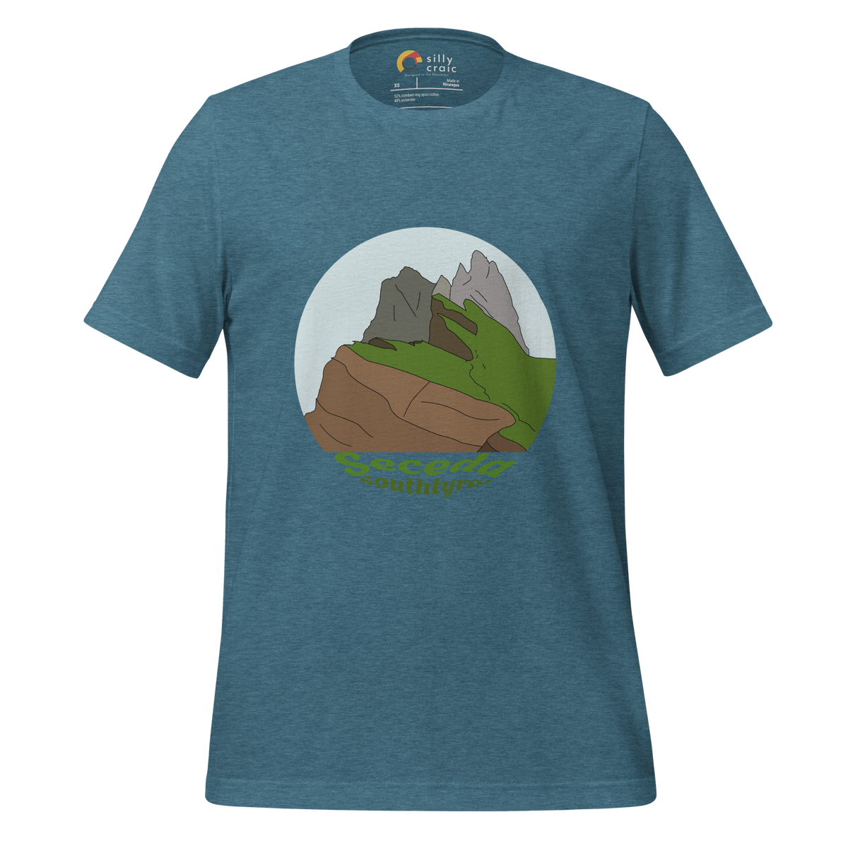 Seceda men's t-shirt in Heather Deep Teal – front print design