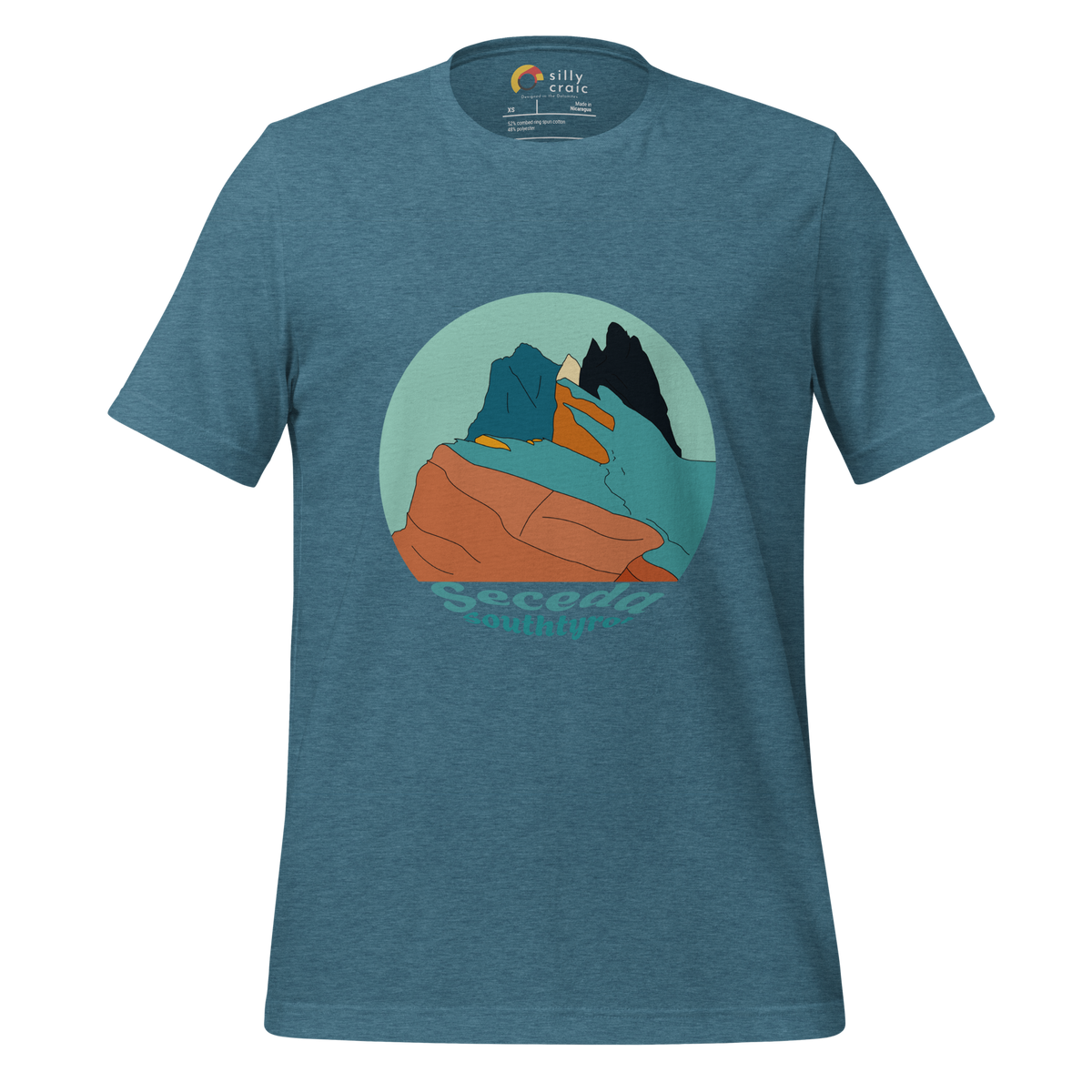 Seceda Retro men's t-shirt in Heather Deep Teal – front print design