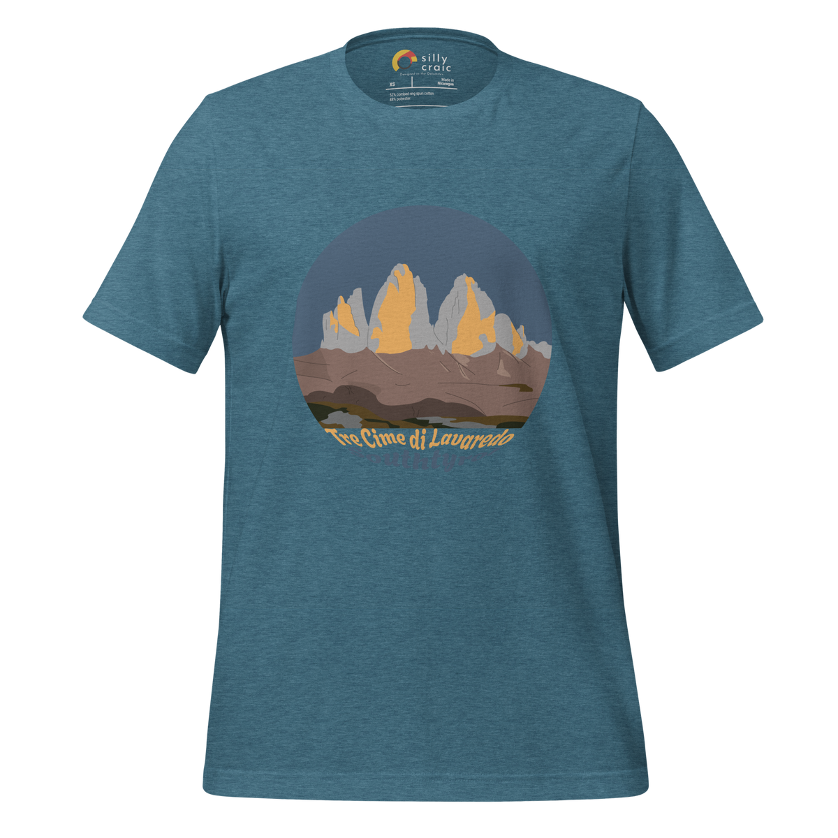 Tre Cime di Lavaredo men's t-shirt in Heather Deep Teal – front print design