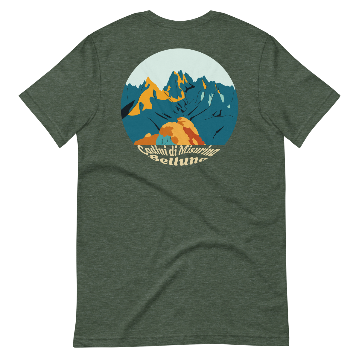Cadini di Misurina men's t-shirt in Heather Forest – back print design
