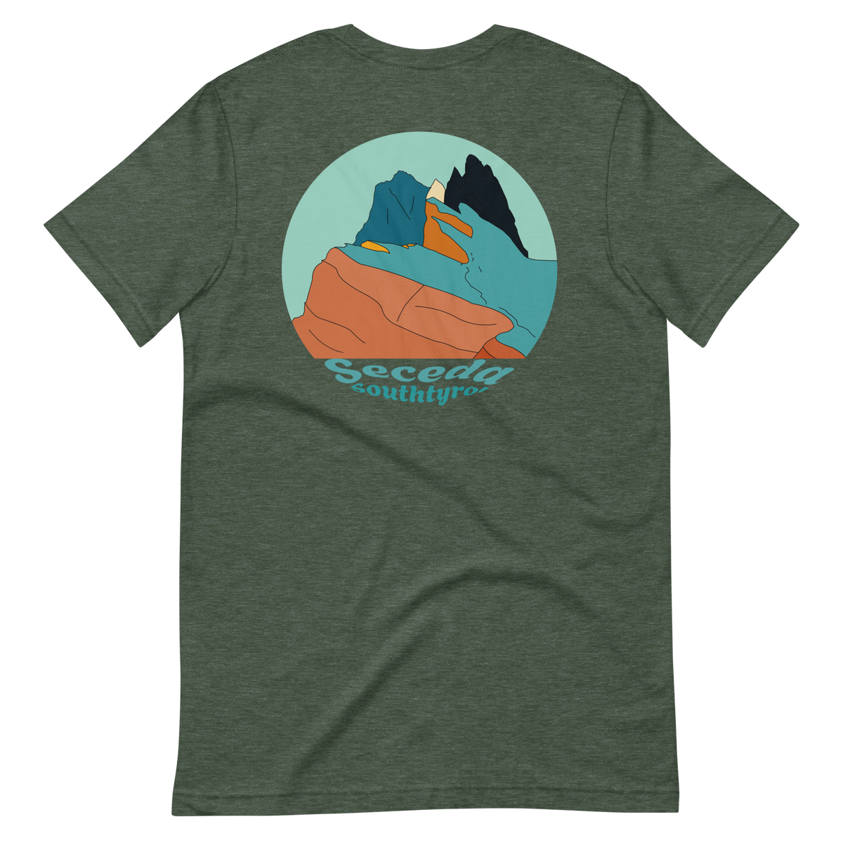 Seceda Retro men's t-shirt in Heather Forest – back print design