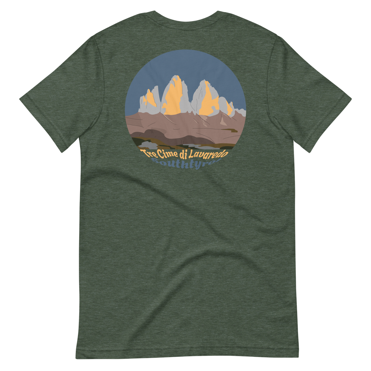 Tre Cime di Lavaredo men's t-shirt in Heather Forest – back print design