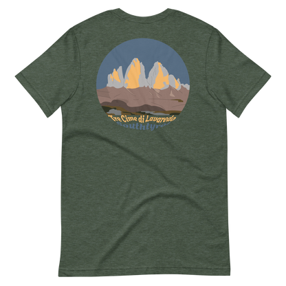 Tre Cime di Lavaredo men's t-shirt in Heather Forest – back print design