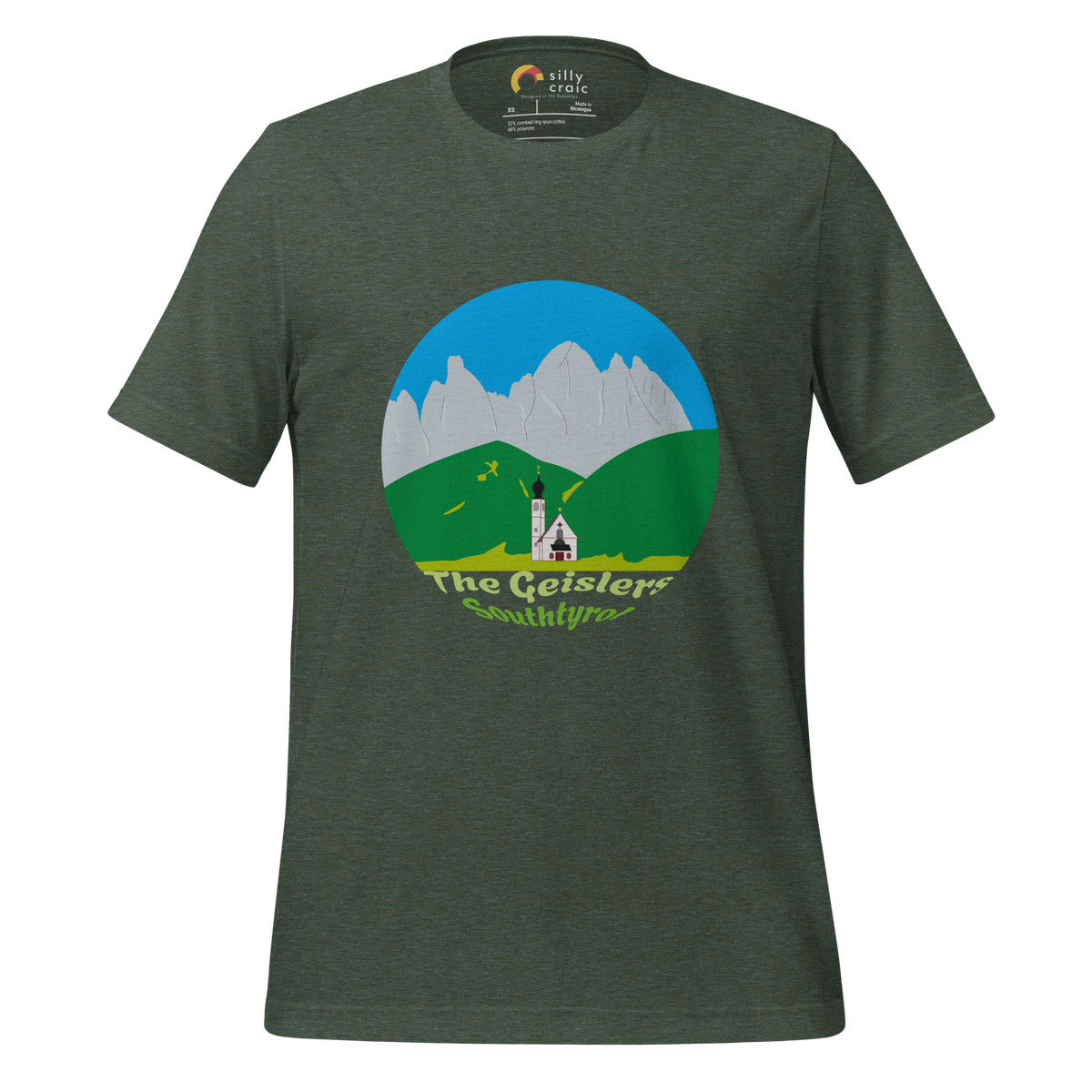 The Geislers men's t-shirt in Heather Forest – front print design